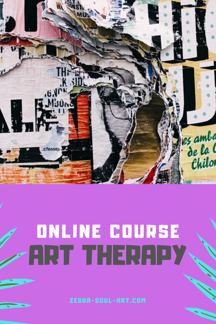 colorful collage art, text on magenta background saying online art therapy course