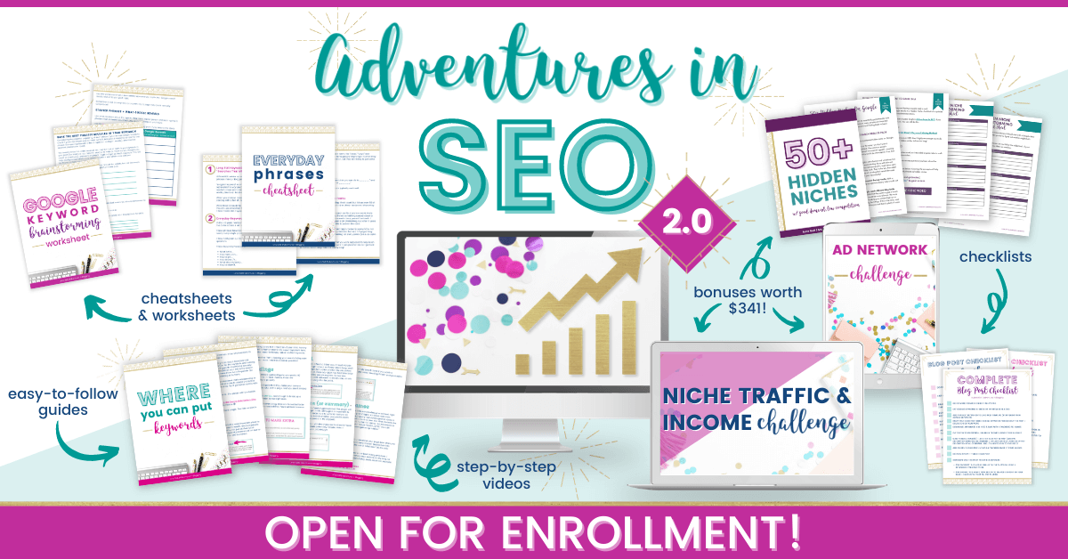 adventures in seo course image with several mockups, laptop, worksheets, computer etc 