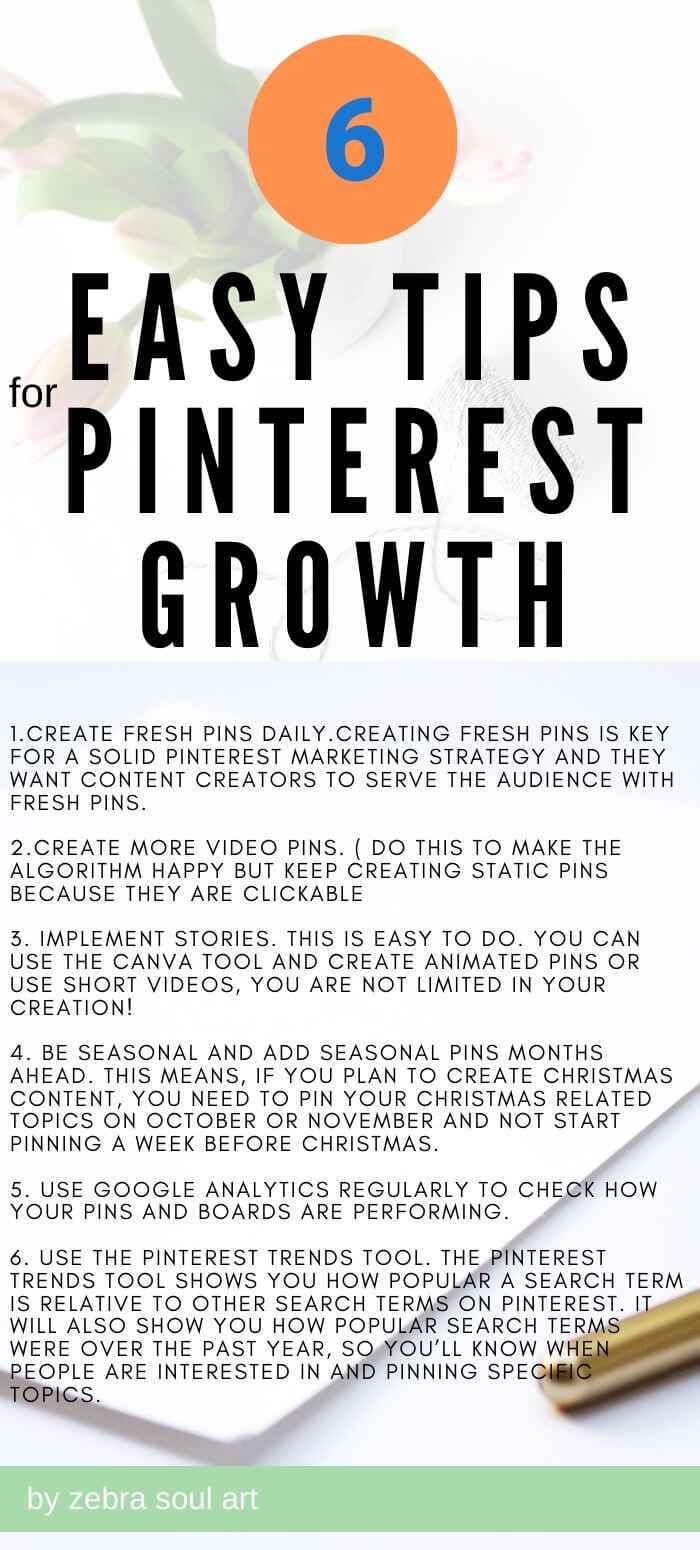 pinnable image with text 6 tips for simple pinterest growth, by zebra soul art