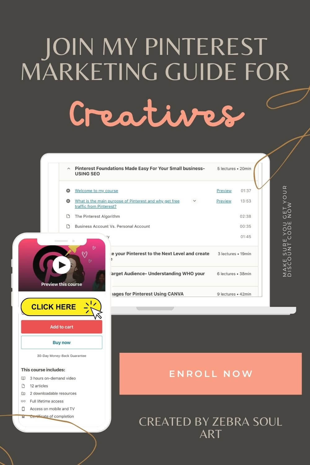 white computer showing a pinterest course content and a white phone showing to enroll to my pinterest marketing guide for creatives