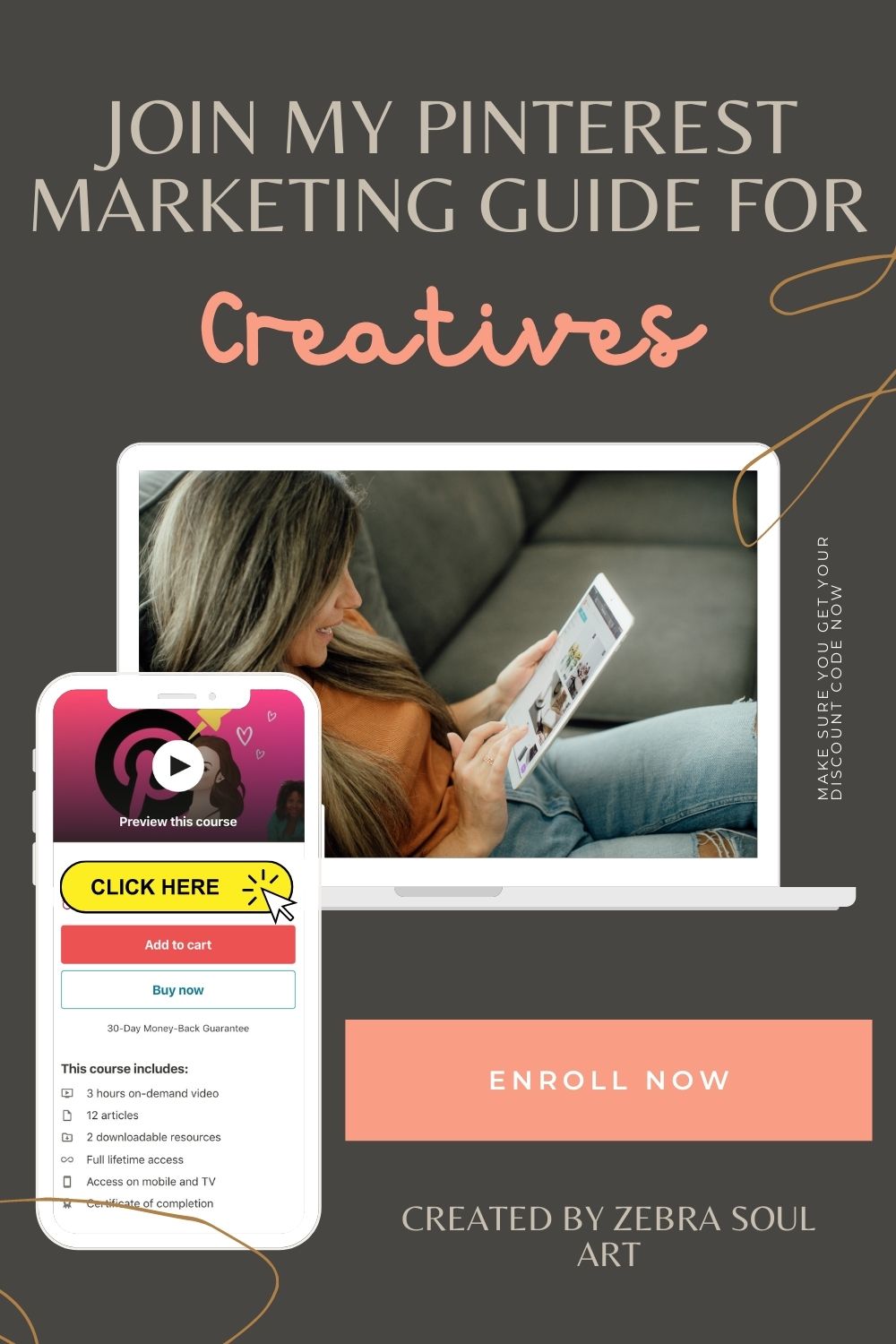white woman sitting laid back on her sofa and typing on her tablet. her image is inside a computer mockup and it says pinterest marketing guide for creatives, online course by zebra soul art