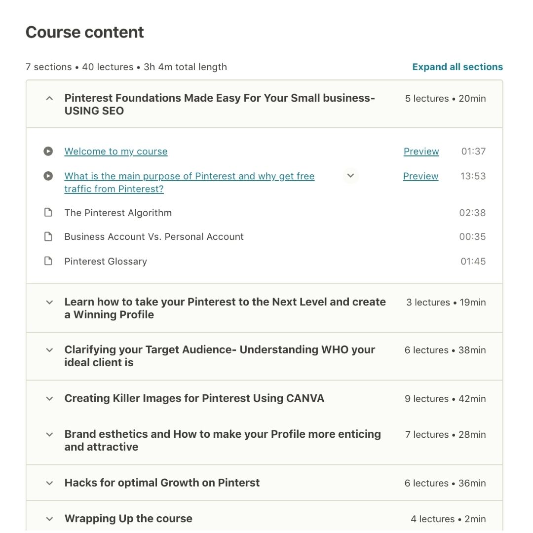 this is a screenshot of the course program of pinterest marketing guide for creatives on udemy
