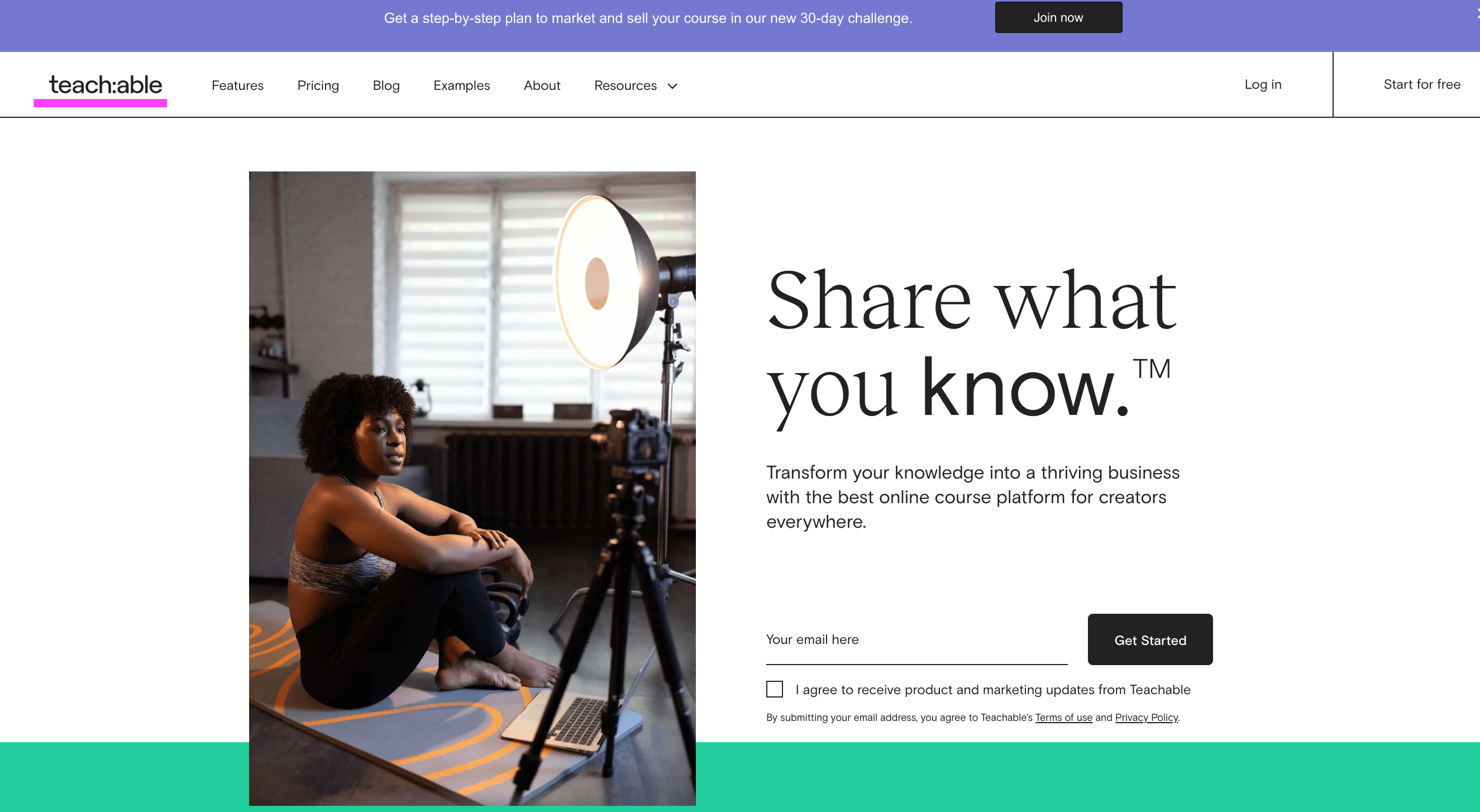 main page from teachable showing woman of color and creative background